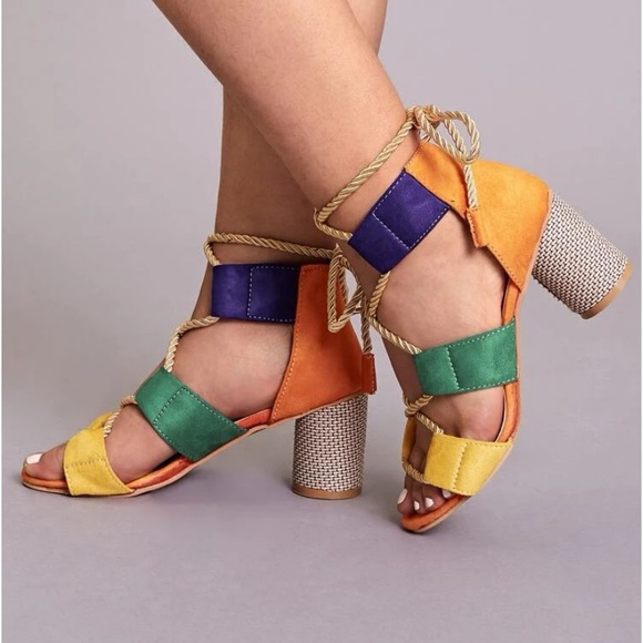 Colorblock lace up strappy wrap sandal heel - Picture 3 of 6
